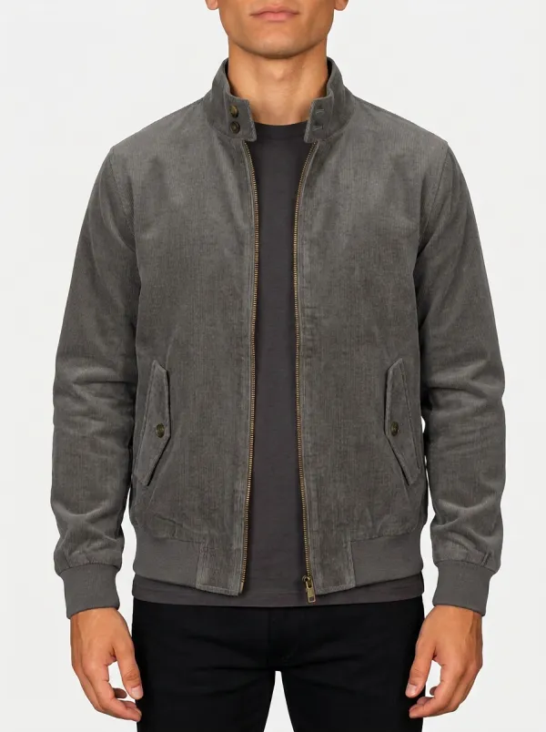 Men's Casual Olive Green Corduroy Zip-up Bomber Jacket