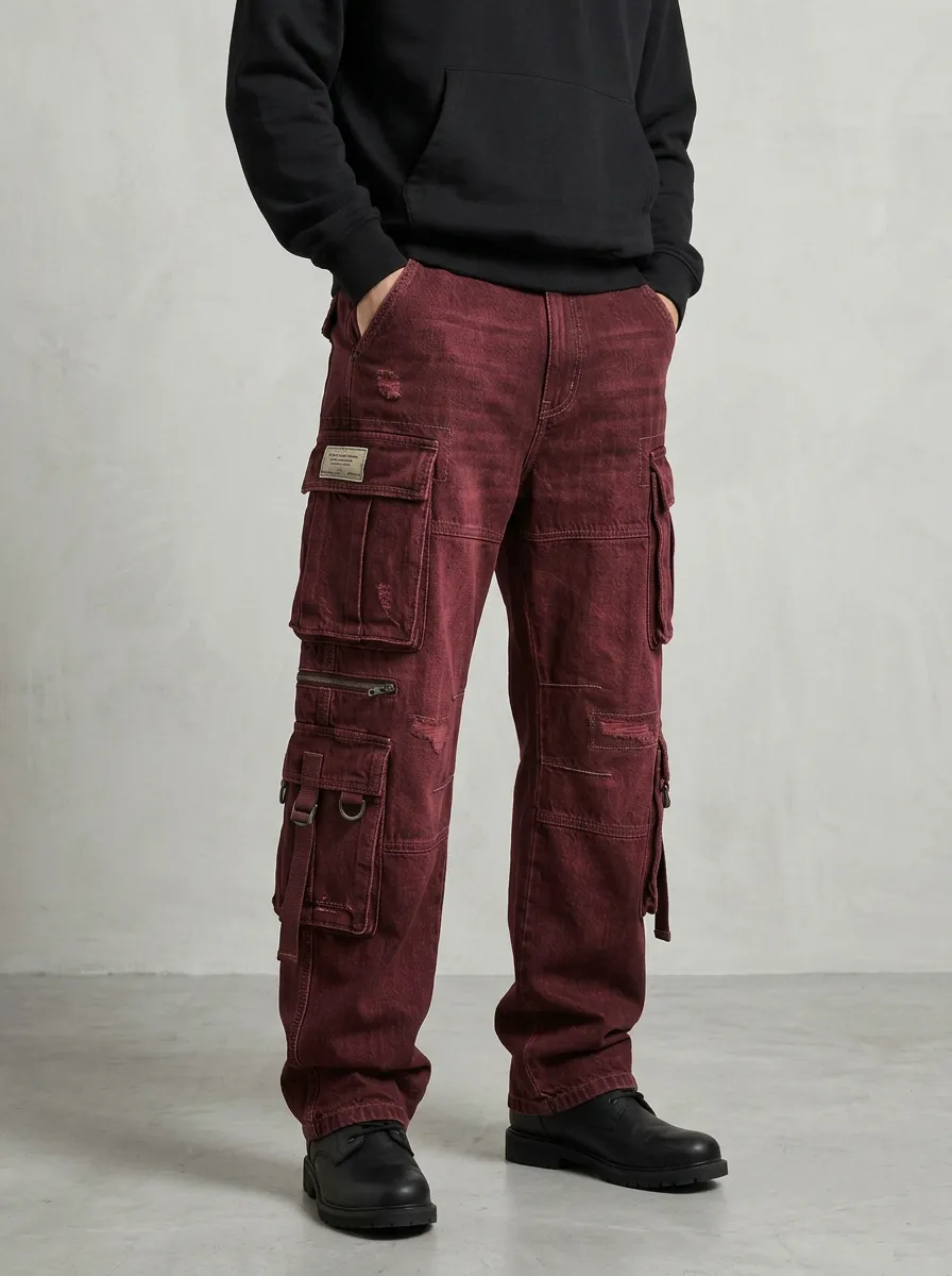 Men's Washed Black Multi-Pocket Cargo Pants