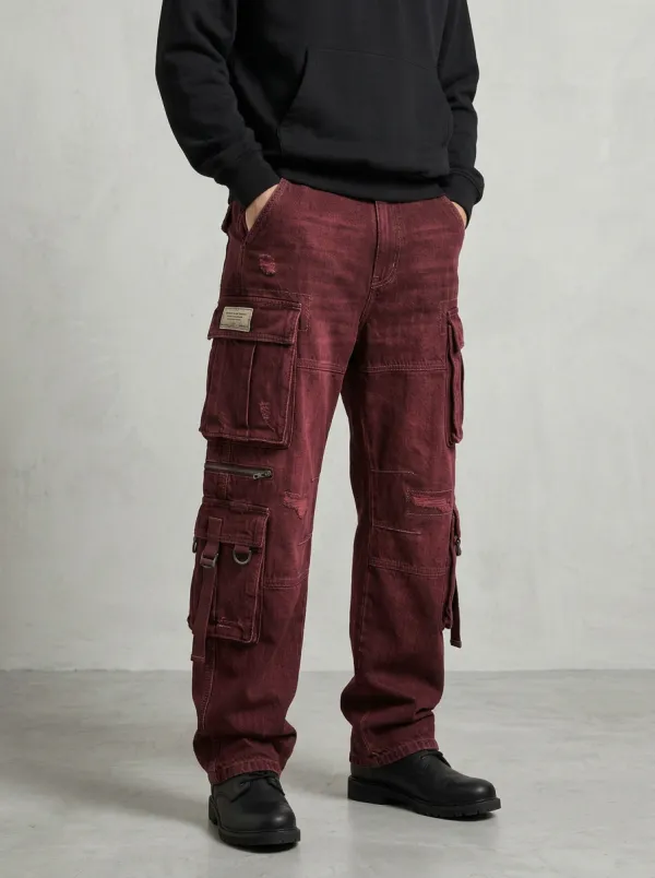 Men's Washed Black Multi-Pocket Cargo Pants