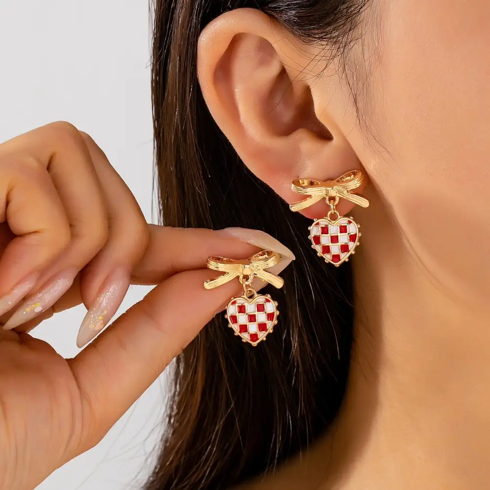 Checkered Heart Bow Drop arrings