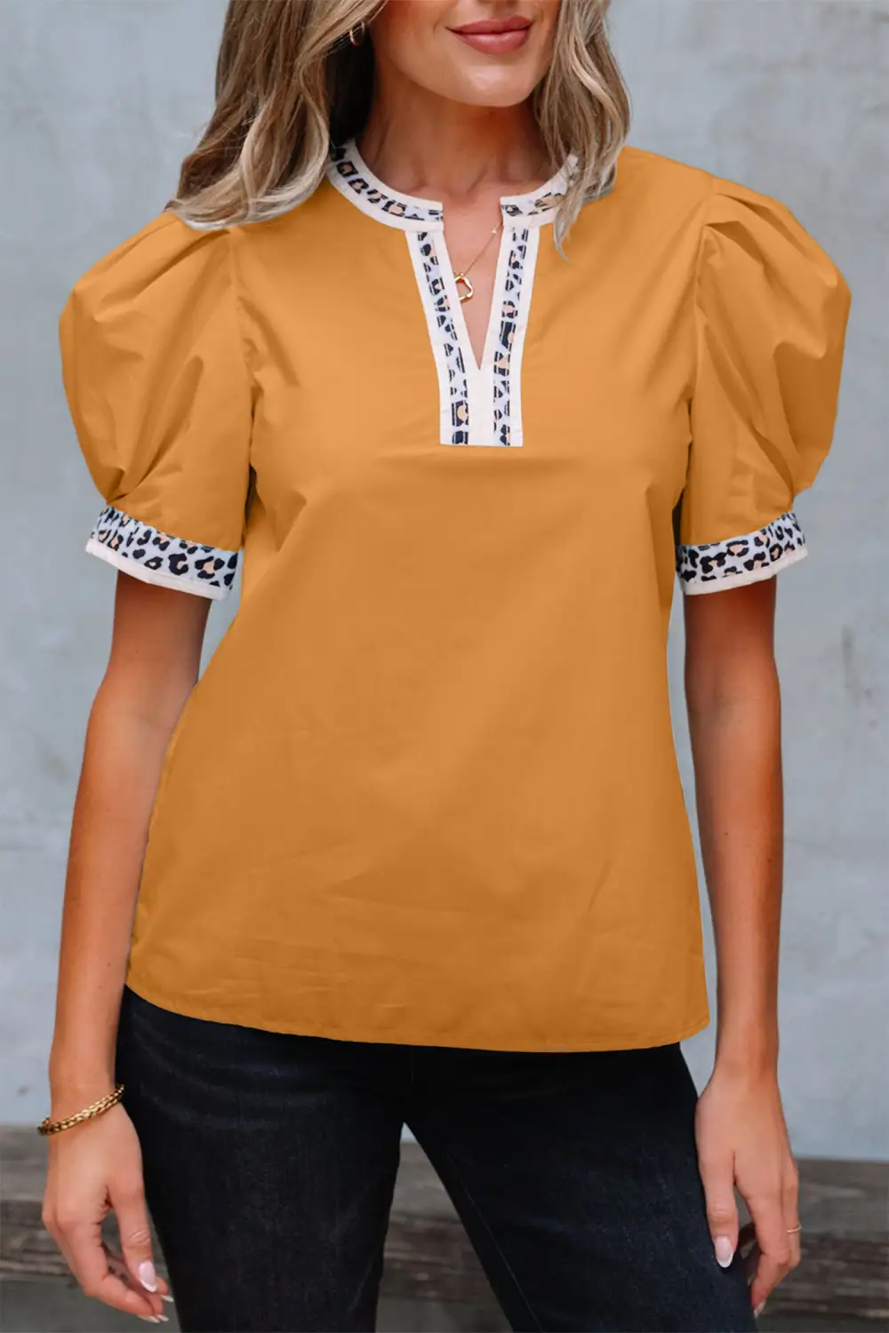 Leopard Print Puff Sleeve Split Neck Blouse