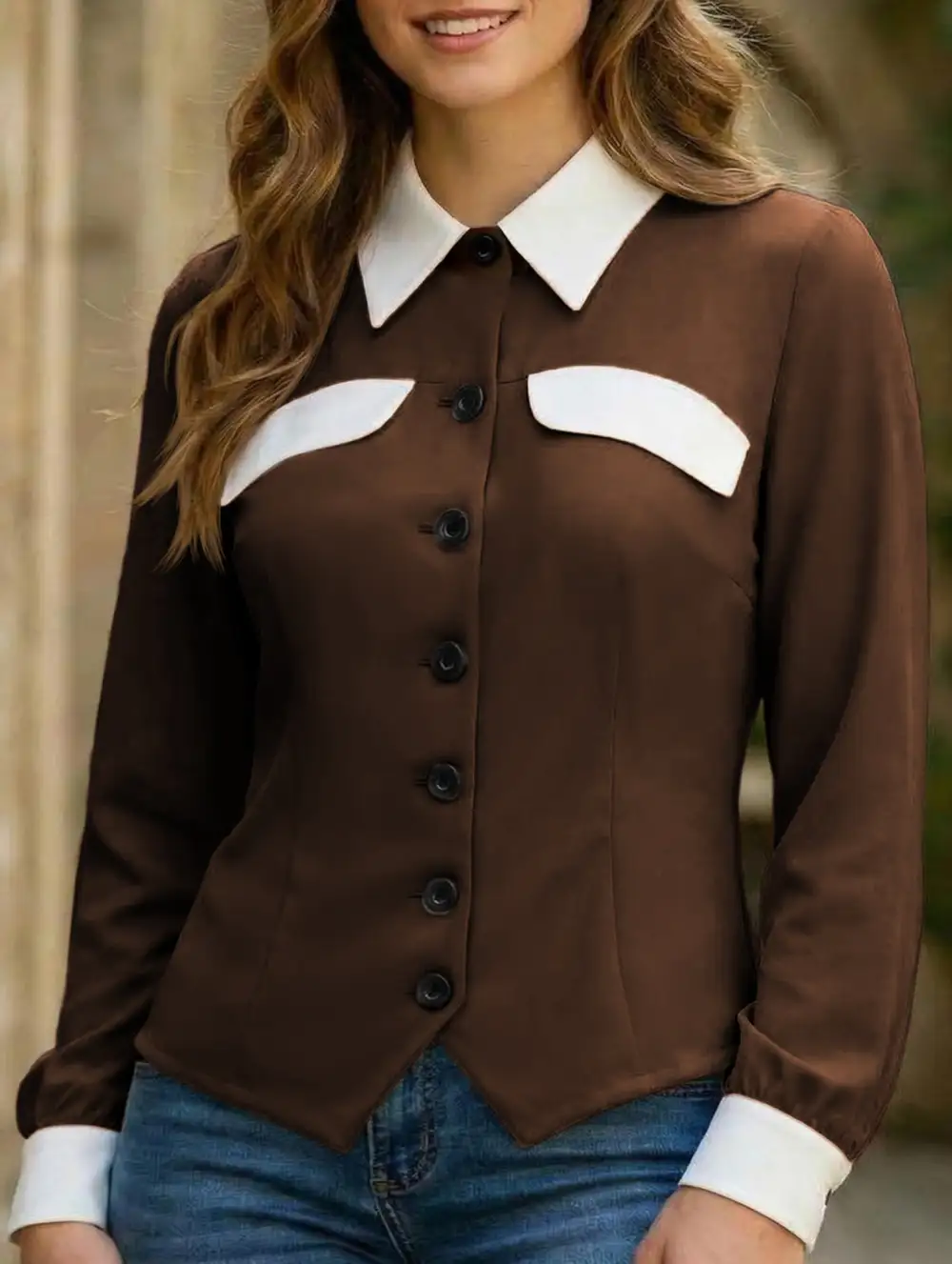 Contrast Lapel Long Sleeve Shirt