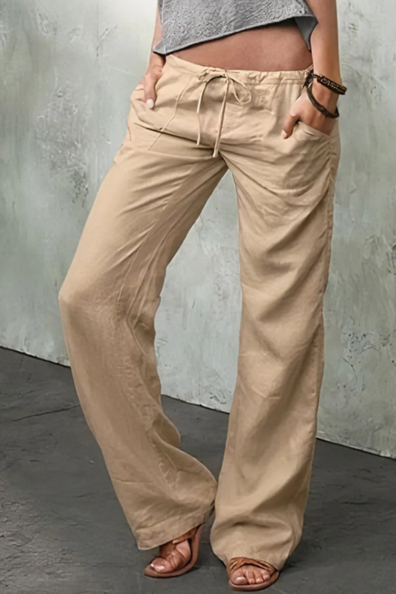 Solid Slant Pocket Drawstring Low Rise Pants