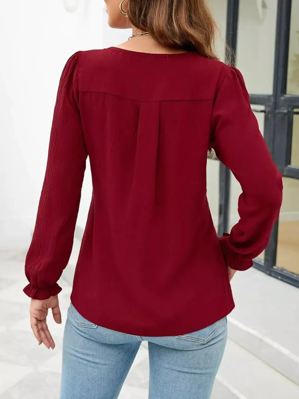Notched-Neck Ruffle-Cuff Blouse