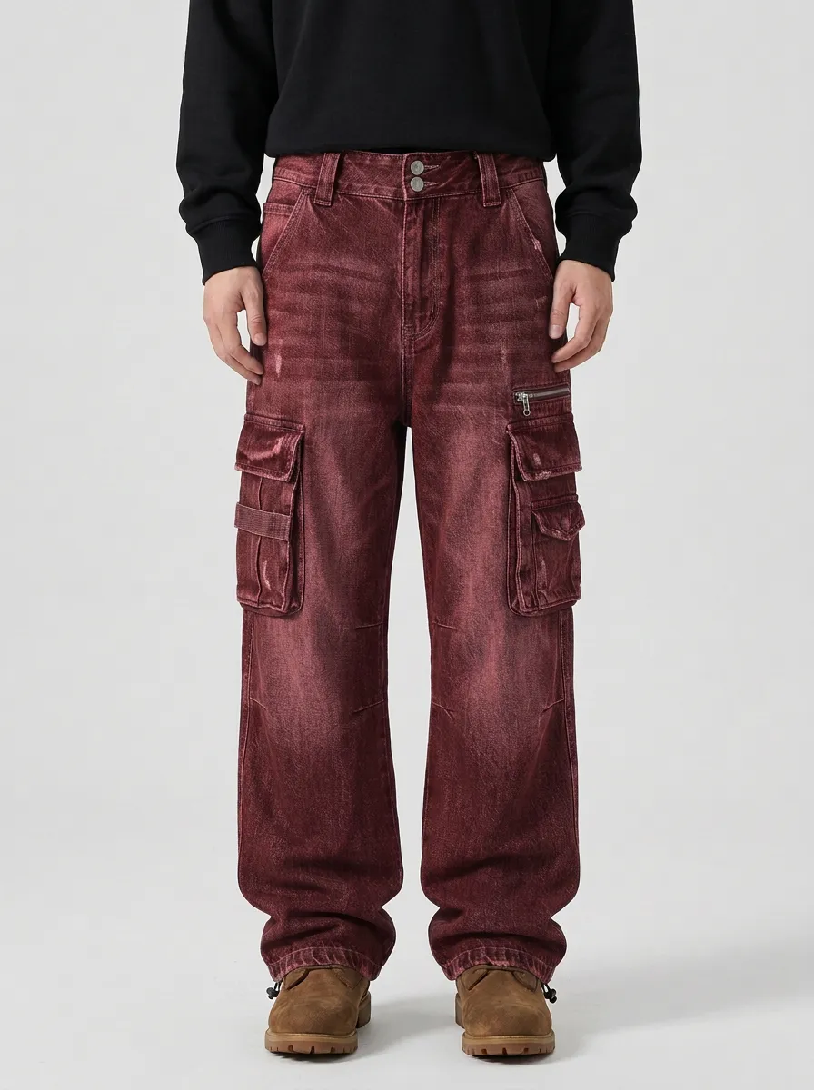 Men's Blue Distressed Multi-Pocket Cargo Zip Utility Pocket Reinforced Knee Cargo Pants