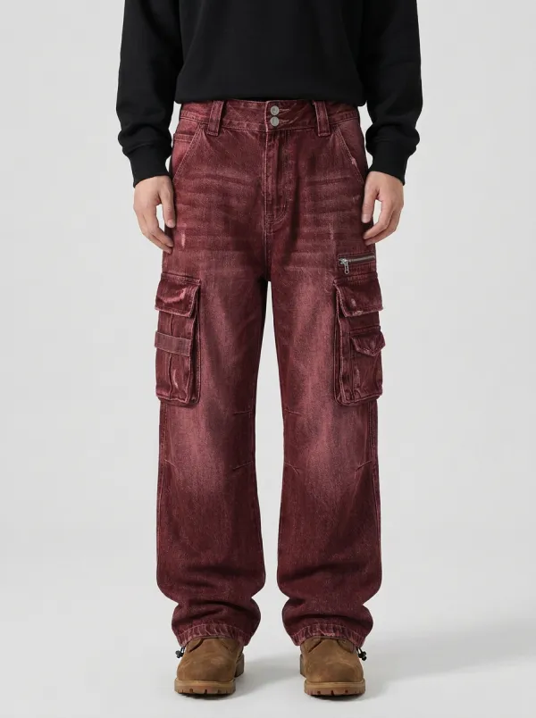 Men's Blue Distressed Multi-Pocket Cargo Zip Utility Pocket Reinforced Knee Cargo Pants