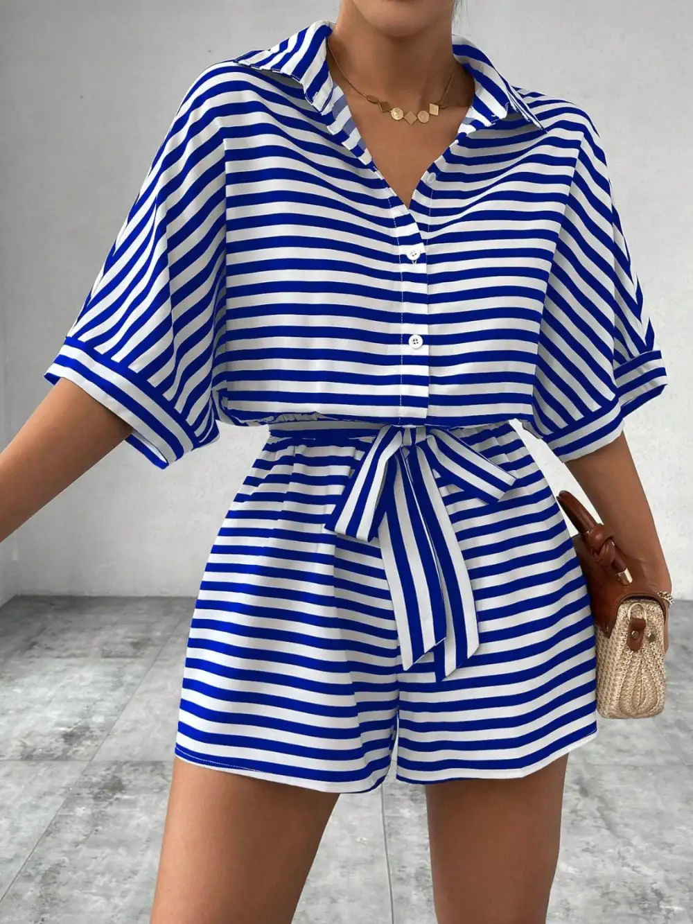 Tie Waist Half Button Romper