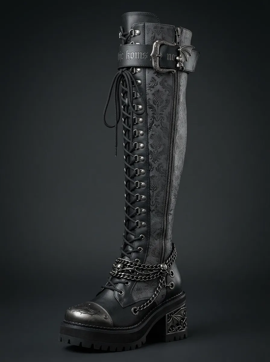 Classic Gothic Skull Damask Chain Statement Women's Gothic Platform Boots