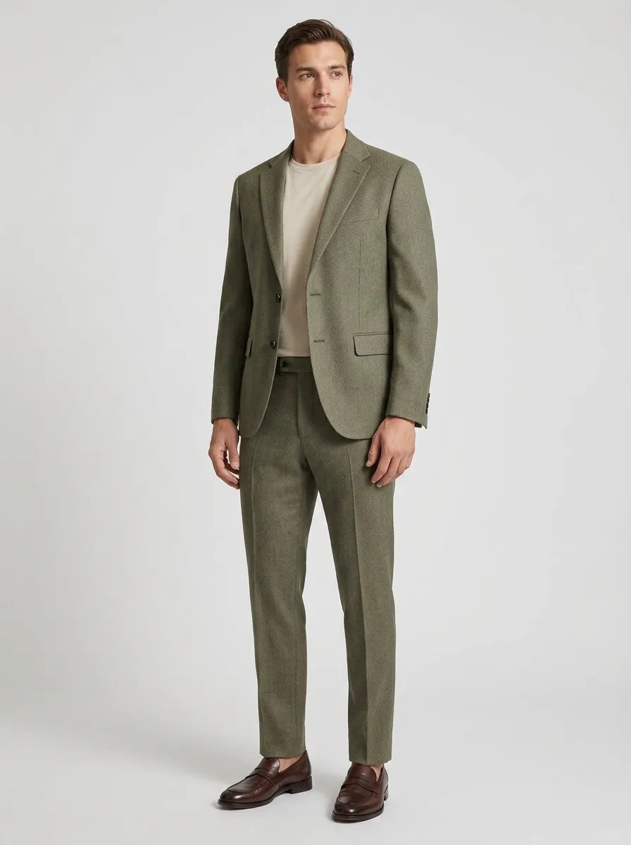 Notch-Lapel Two-Button Single-Breasted Herringbone Men's Two-Piece Suit Set