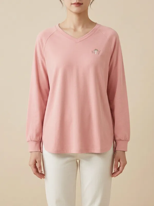 Women's Mushroom Embroidered V-Neck Pullover