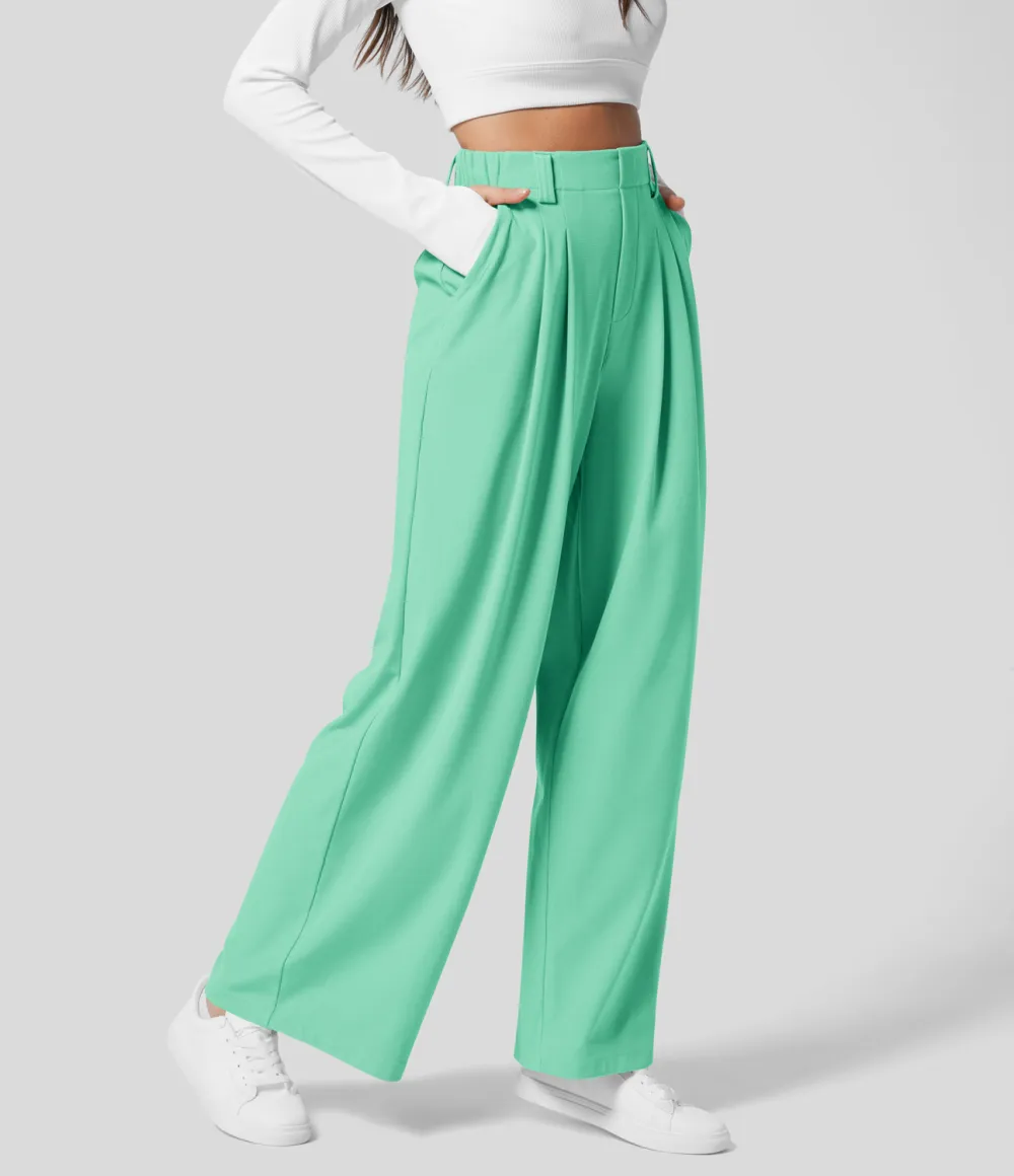 2026🔥  High Waisted Plicated Side Pocket Wide Leg Waffle Work Pants