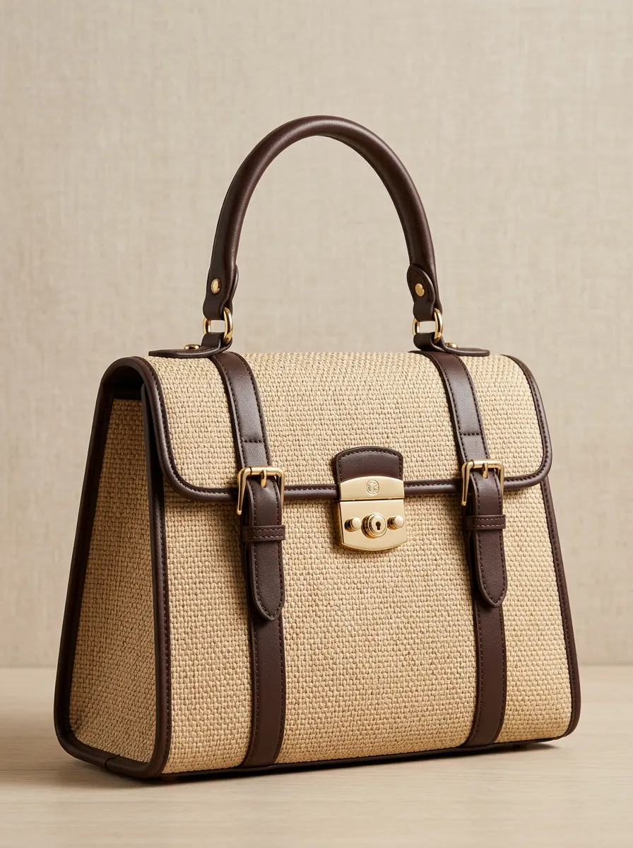 Woven Straw-Style Leather-Trim-Look Women's Top-Handle Handbag