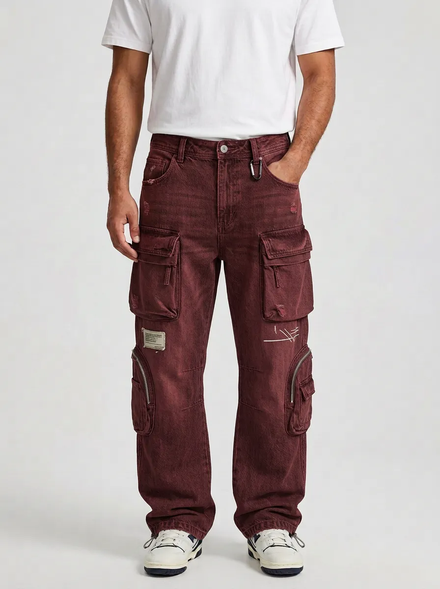 Men's Vintage Distressed Multi-Pocket Denim Cargo Jeans