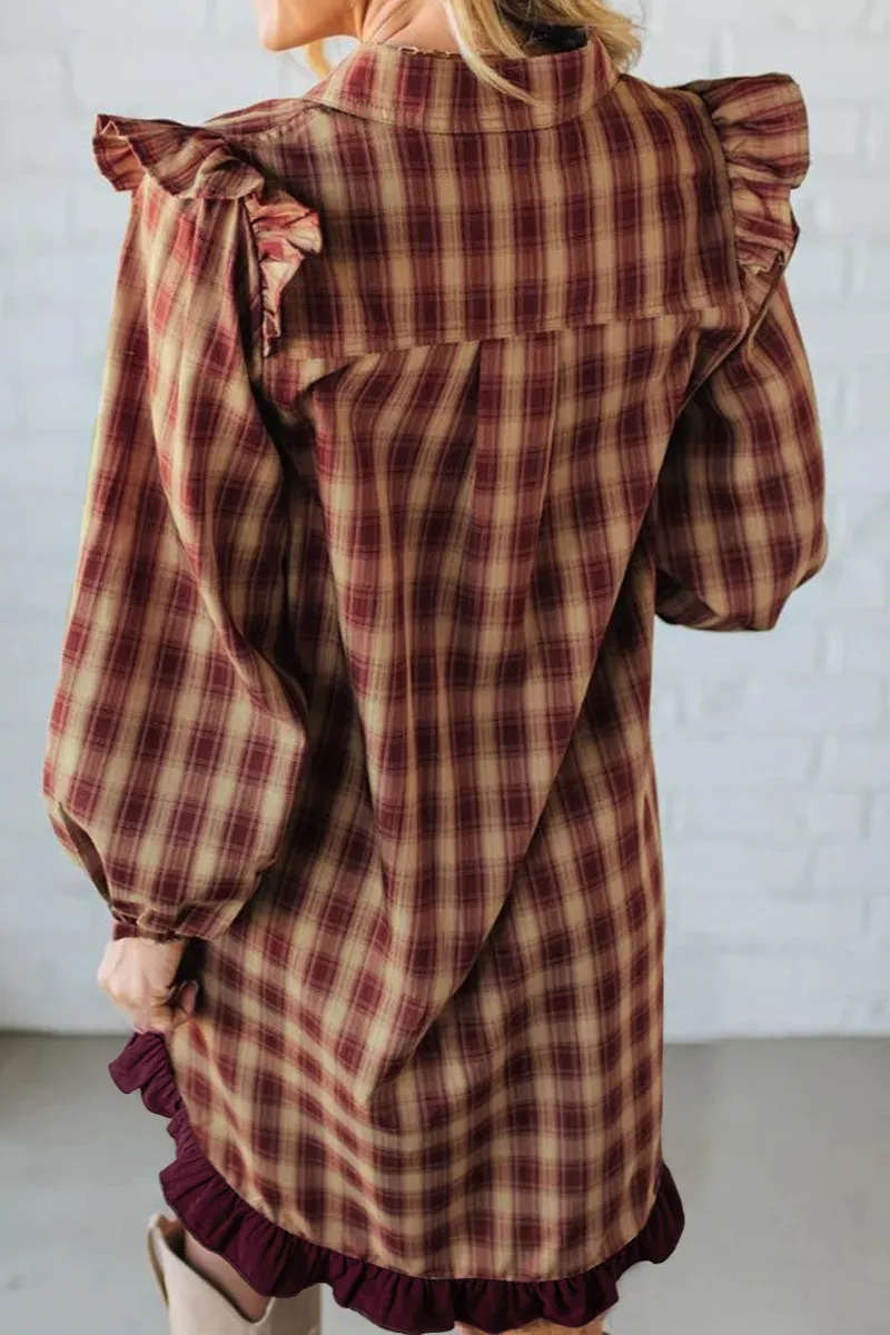 Ruffle Trim Mixed Panel Long Sleeve Mini Dress