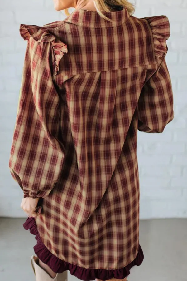 Ruffle Trim Mixed Panel Long Sleeve Mini Dress