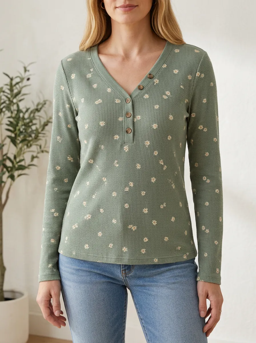 Women's Sketch Floral Pattern Waffle Knit Printed Top Button V-Neck T-Shirt