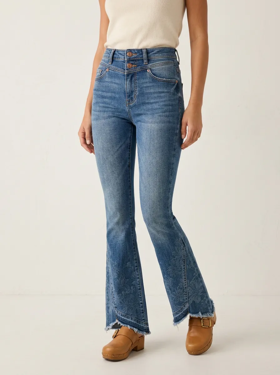 Women's Vintage Style Floral Pattern Printed High-Waisted Flare Jeans