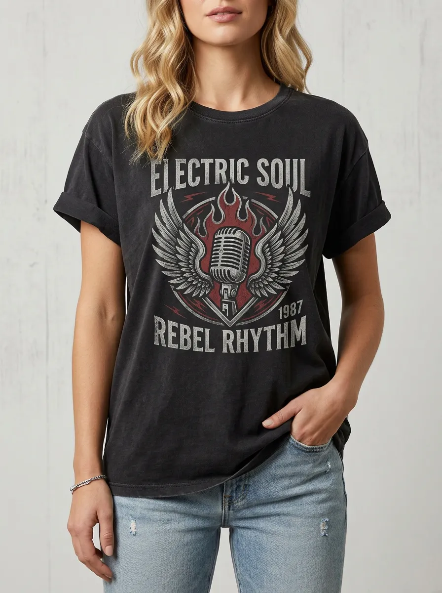 Women's Rock Music Lover Electric Soul Winged Microphone Printed T-shirt