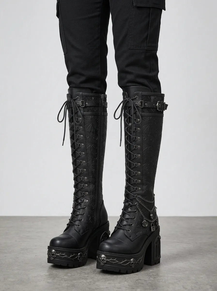 Heritage Skull Bat Chain Detail Women's Gothic Platform Boots