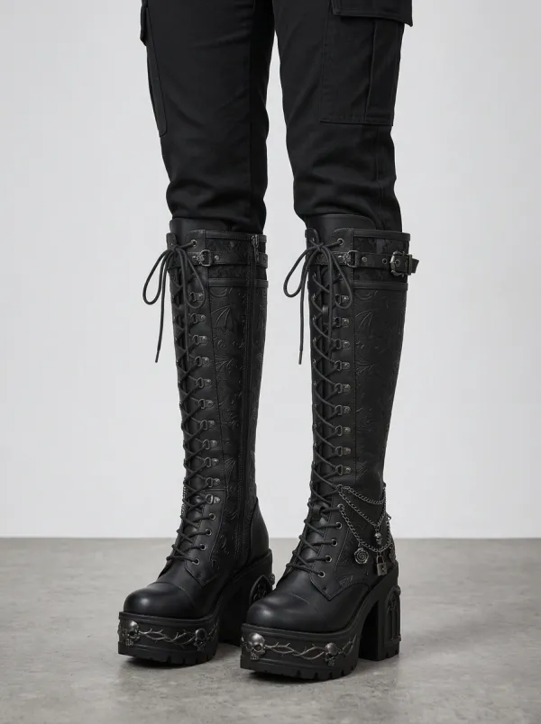 Heritage Skull Bat Chain Detail Women's Gothic Platform Boots