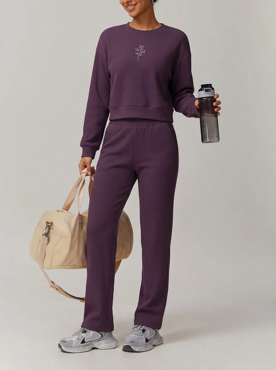 Women's Waffle-Knit Crewneck Sweatshirt & Straight-Leg Pants Branch Set