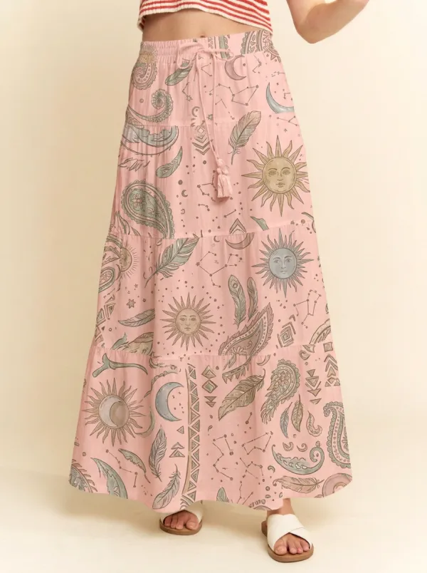 Women's Celestial Boho Sun Moon Feather Paisley Graphic Maxi Skirt