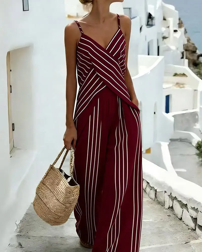 Striped V-Neck Wrap Cami and Wide Leg Pants Two-Piece Resort Set