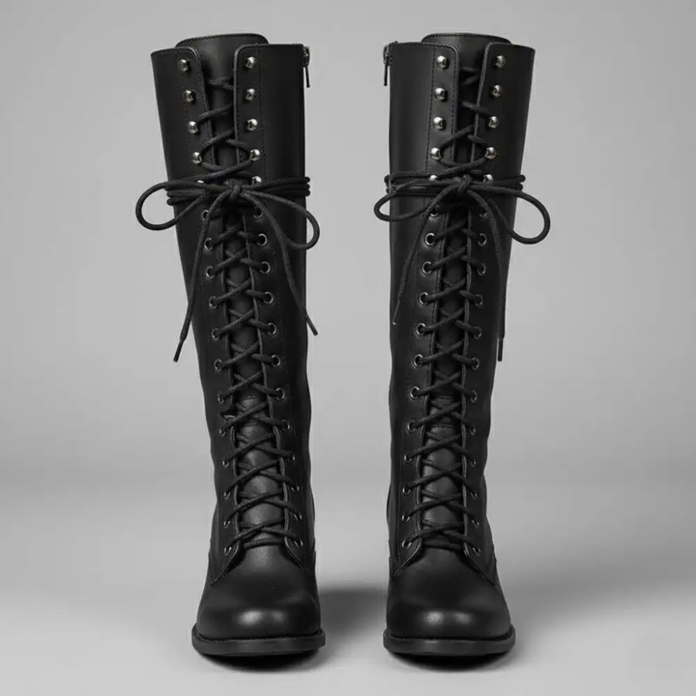 Lace Up Knee Tall Boots Block Heel Modern Tall Combat Boots