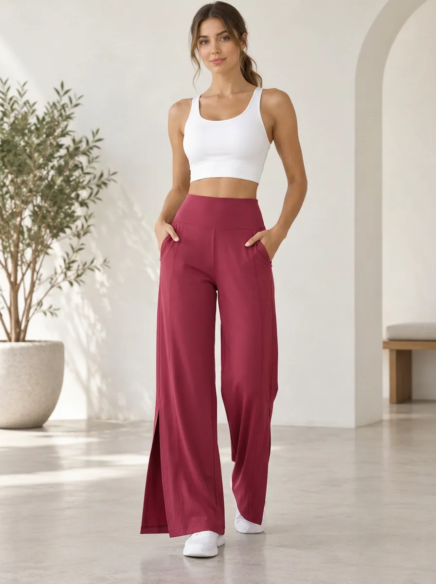 Women's High Waist Pocket Side Slit Wide Leg Pants