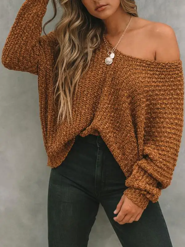 V-Neck Long Sleeve Relaxed Fit Pullover Sweater
