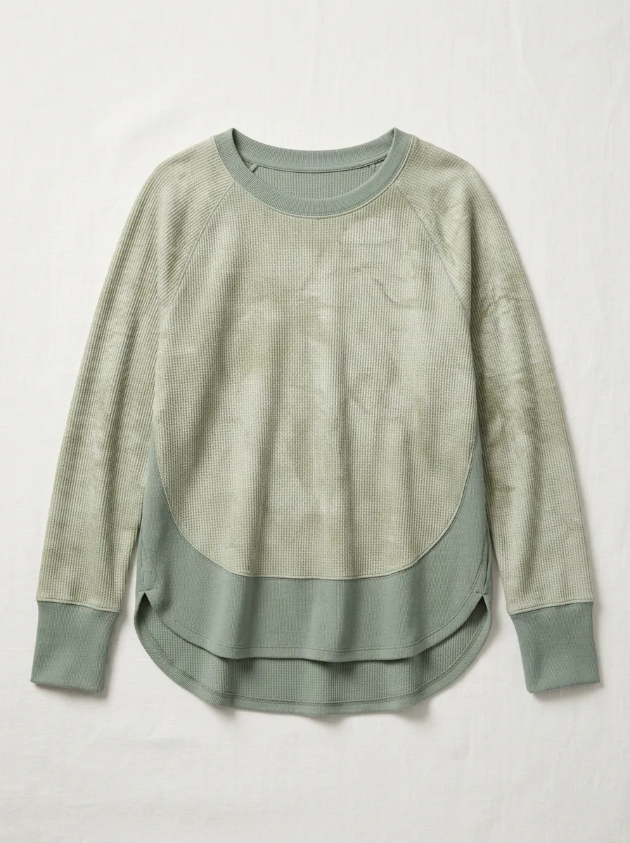Women's Casual Sporty Sage Green Tie-Dye Waffle Knit Printed Top