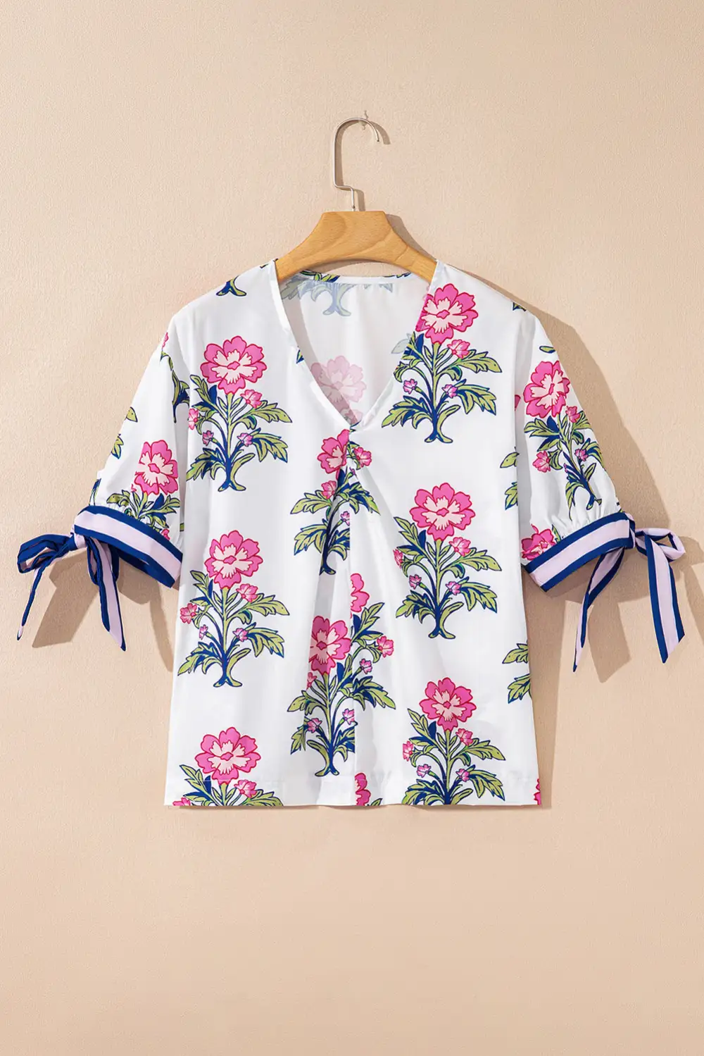 Striped Floral Tie Detail Blouse