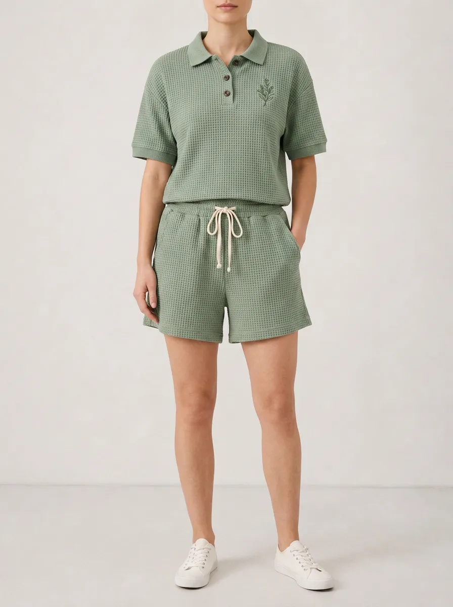 Unisex Sage Green Waffle Knit Botanical Printed Polo Shirt