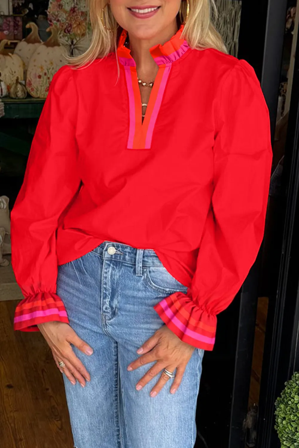 Fiery Red Striped Trim Ruffle Blouse