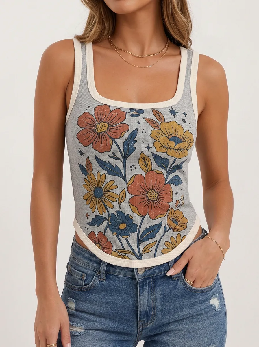 Women's Retro Floral Botanical Printed Tank Top