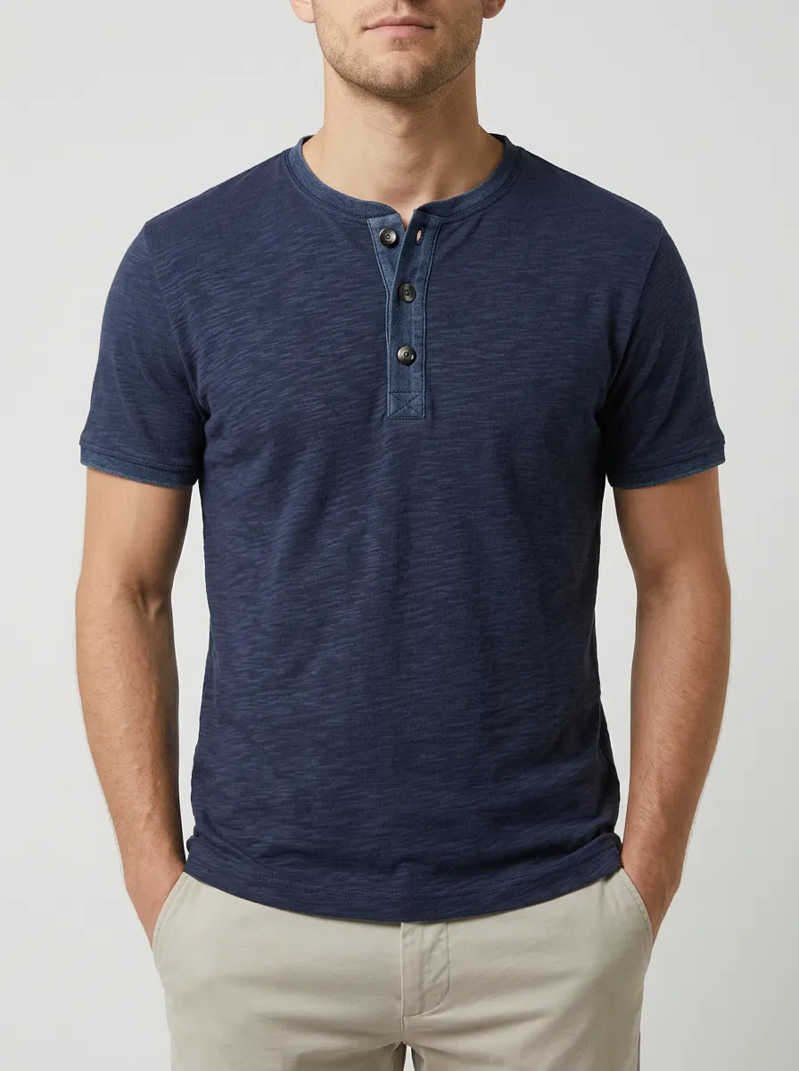 Modern Button-Placket Ribbed Men's Short-Sleeve Henley Shirt