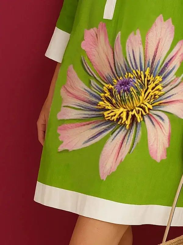 Relaxed Three Quarter Sleeve Buttoned Contrast Color Flower Print Lapel Mini