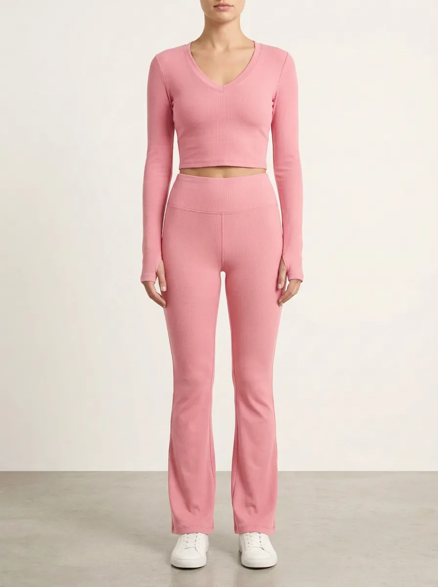 Women's Ribbed V-Neck Thumbhole Crop Top and Flare Legging Set