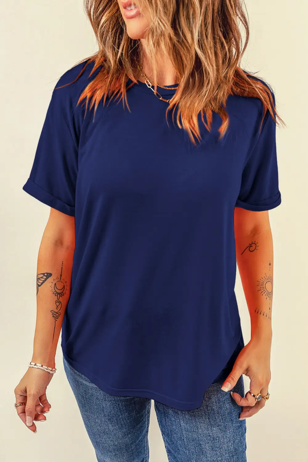 Blue Casual Plain Crew Neck