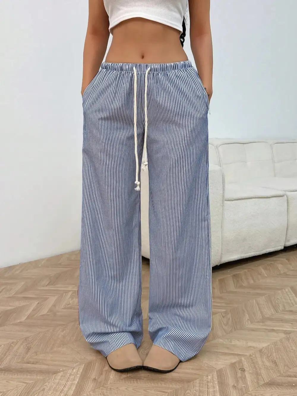 Drawstring Striped Wide Leg Pants