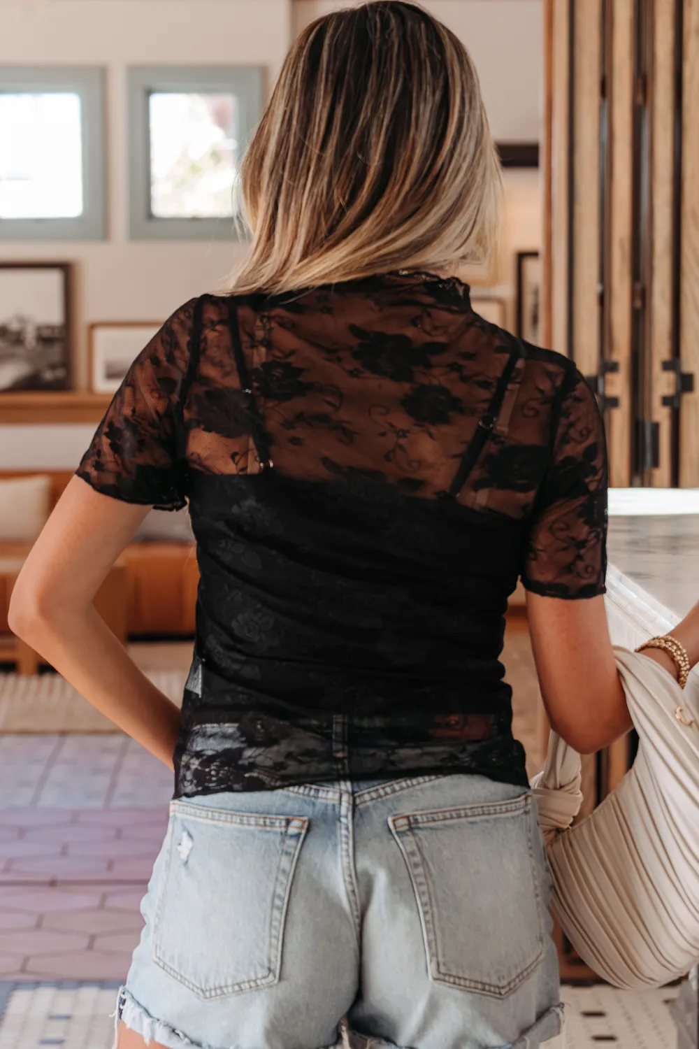 Black Floral Lace Mesh Short Sleeve Top
