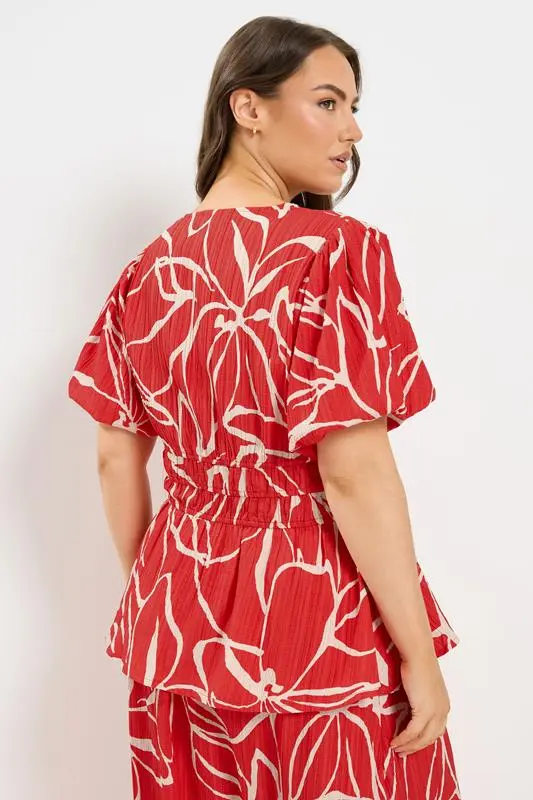 Red Floral Print Puff Sleeve Top