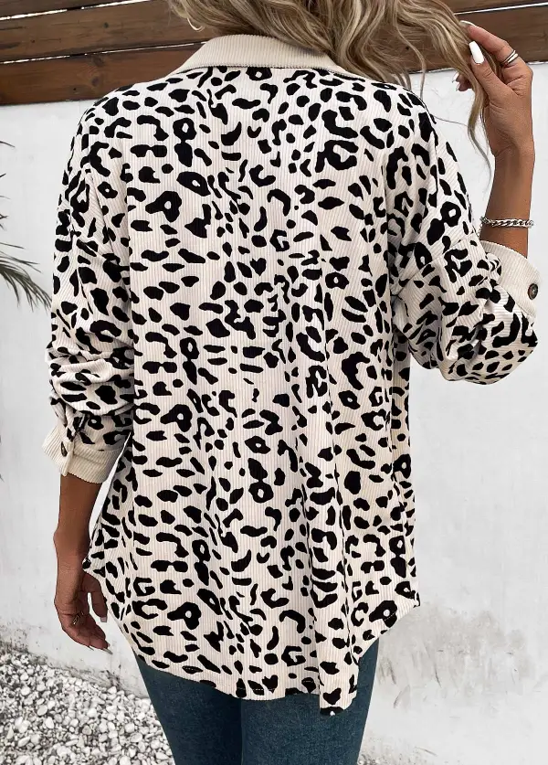 Beige Patchwork Leopard Long Sleeve Shirt Collar Coat