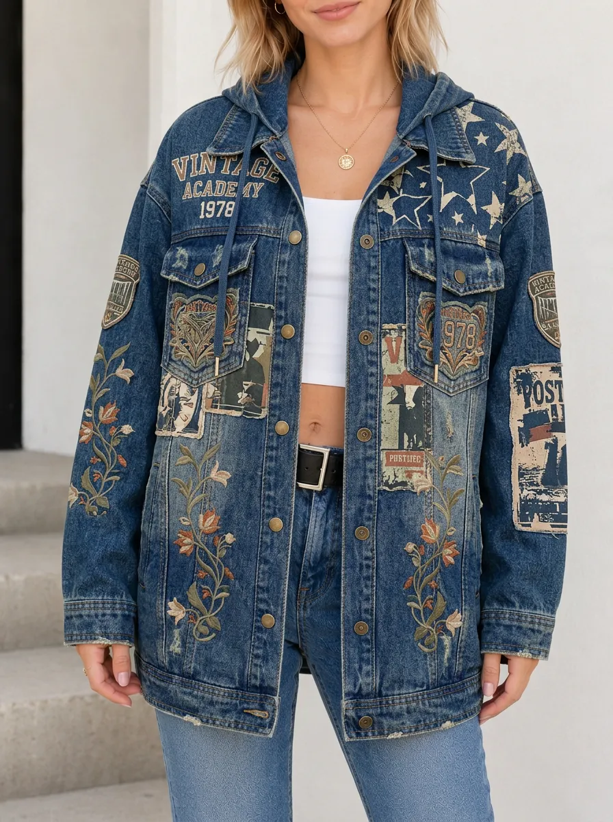 Women's Vintage Academy Floral Patchwork Printed Hooded Denim Jacket
