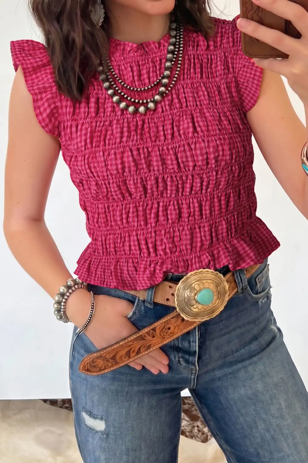 Textured Plaid Shirred Ruffle Trim Tank Top