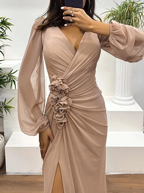 V Neck Ruched Floral Maxi Dress