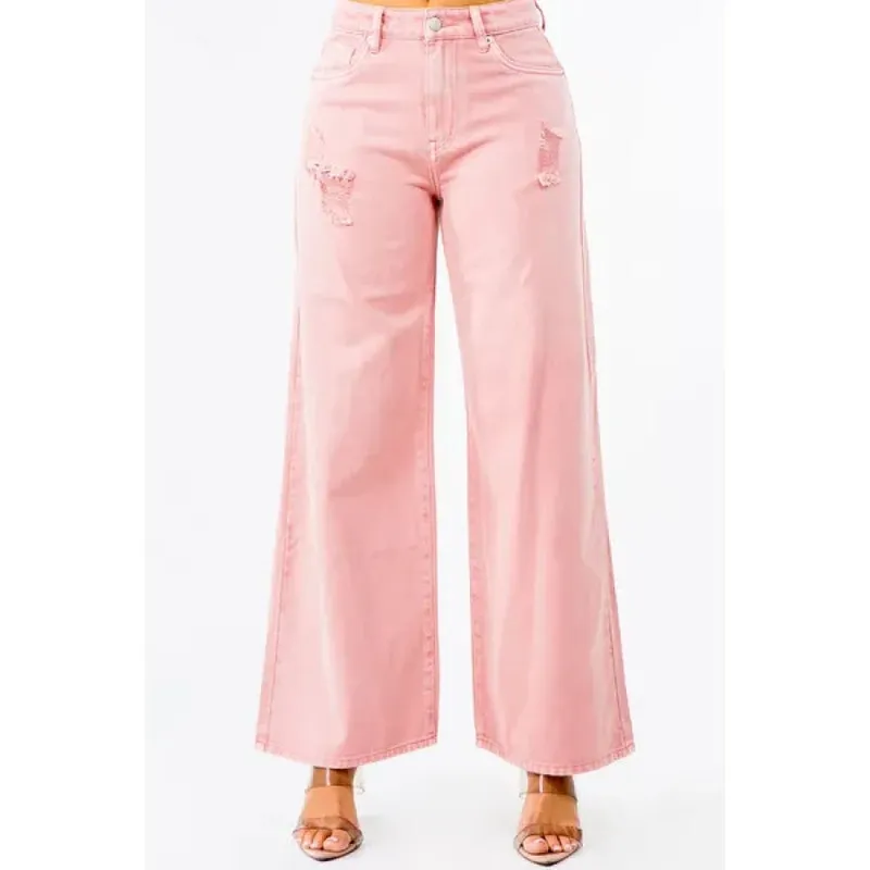 High-Waist Distressed Wide Leg Jeans
