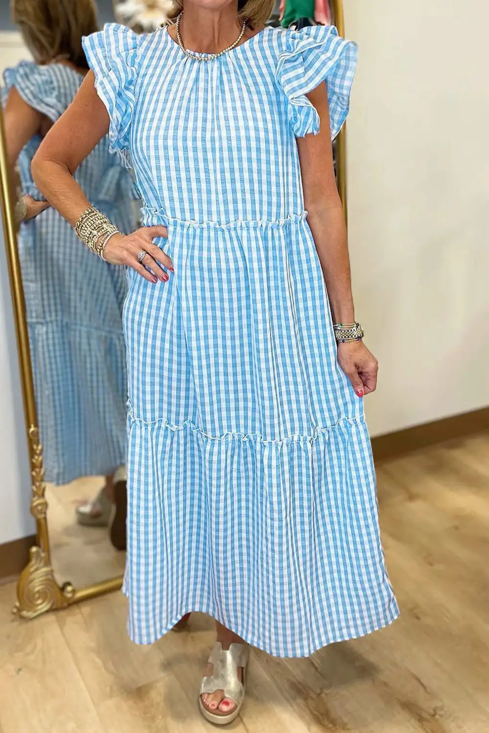 Classic Knot Back Ruffled Short Sleeve Gingham Maxi Dress