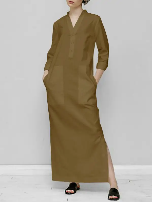 Sleeves Loose Long Neck Maxi Dress