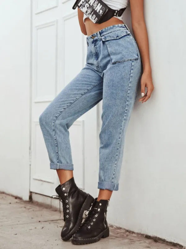 Tailored High-Waist Washed Pocketed Stretch Straight Leg Jeans